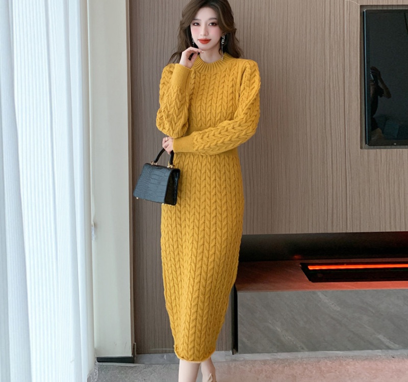 Knitted slim ladies sweater high waist long sleeve dress