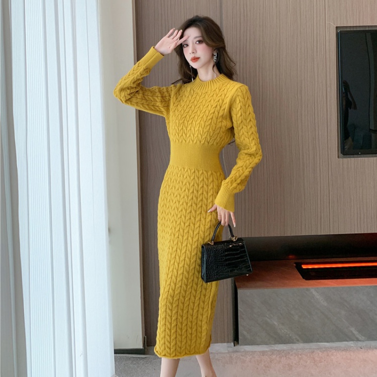 Knitted slim ladies sweater high waist long sleeve dress