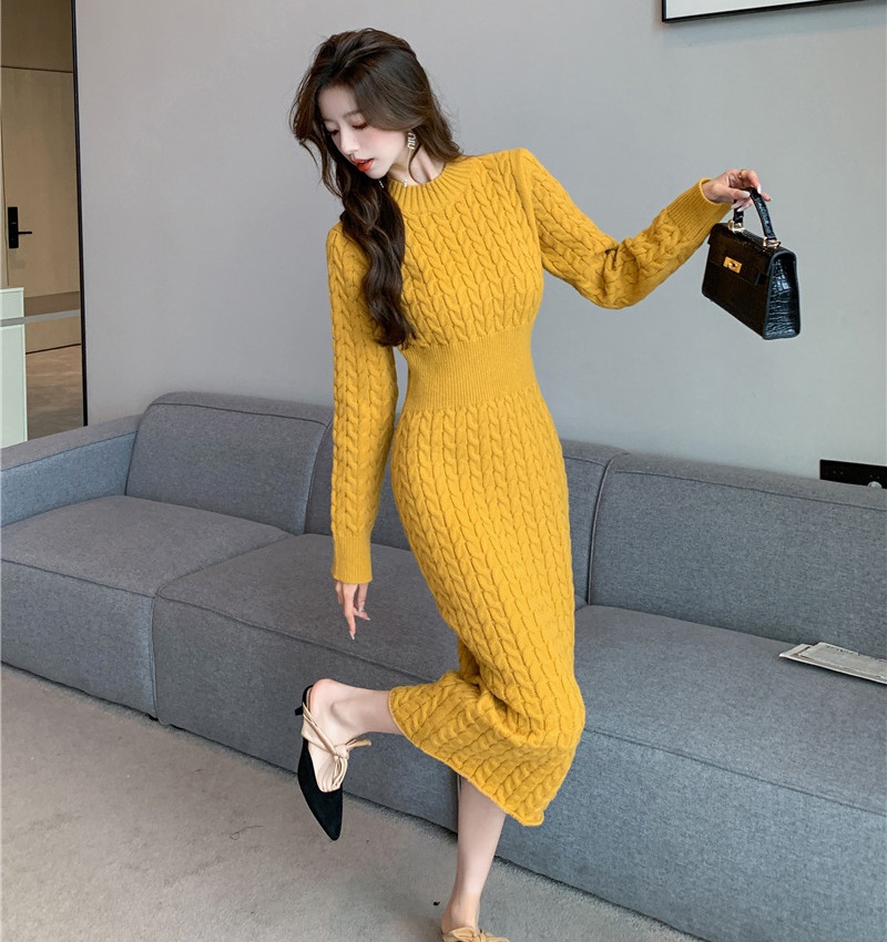 Knitted slim ladies sweater high waist long sleeve dress