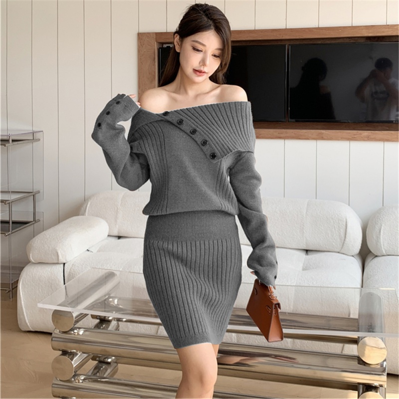 Asymmetry large lapel dress knitted sweater dress