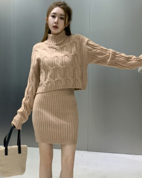 High collar sweater twist short skirt 2pcs set