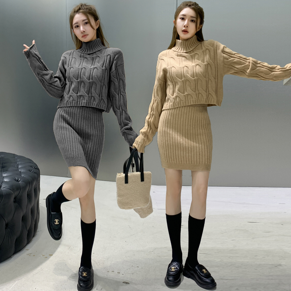 High collar sweater twist short skirt 2pcs set