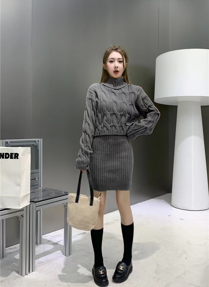 High collar sweater twist short skirt 2pcs set