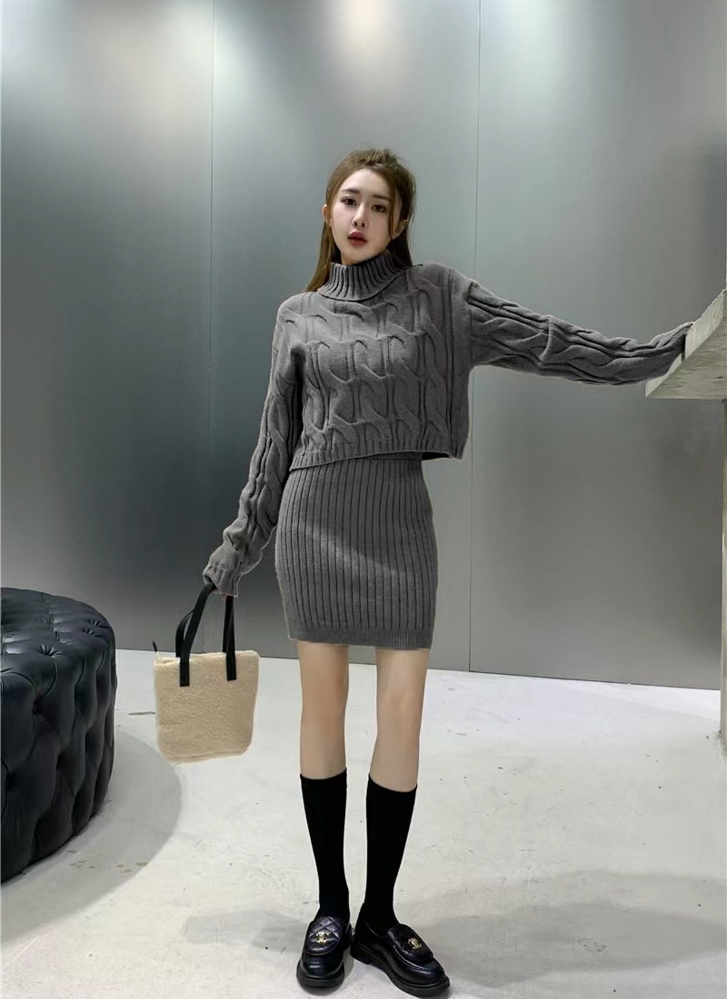 High collar sweater twist short skirt 2pcs set