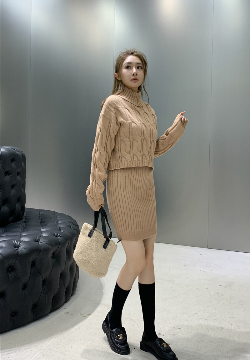 High collar sweater twist short skirt 2pcs set