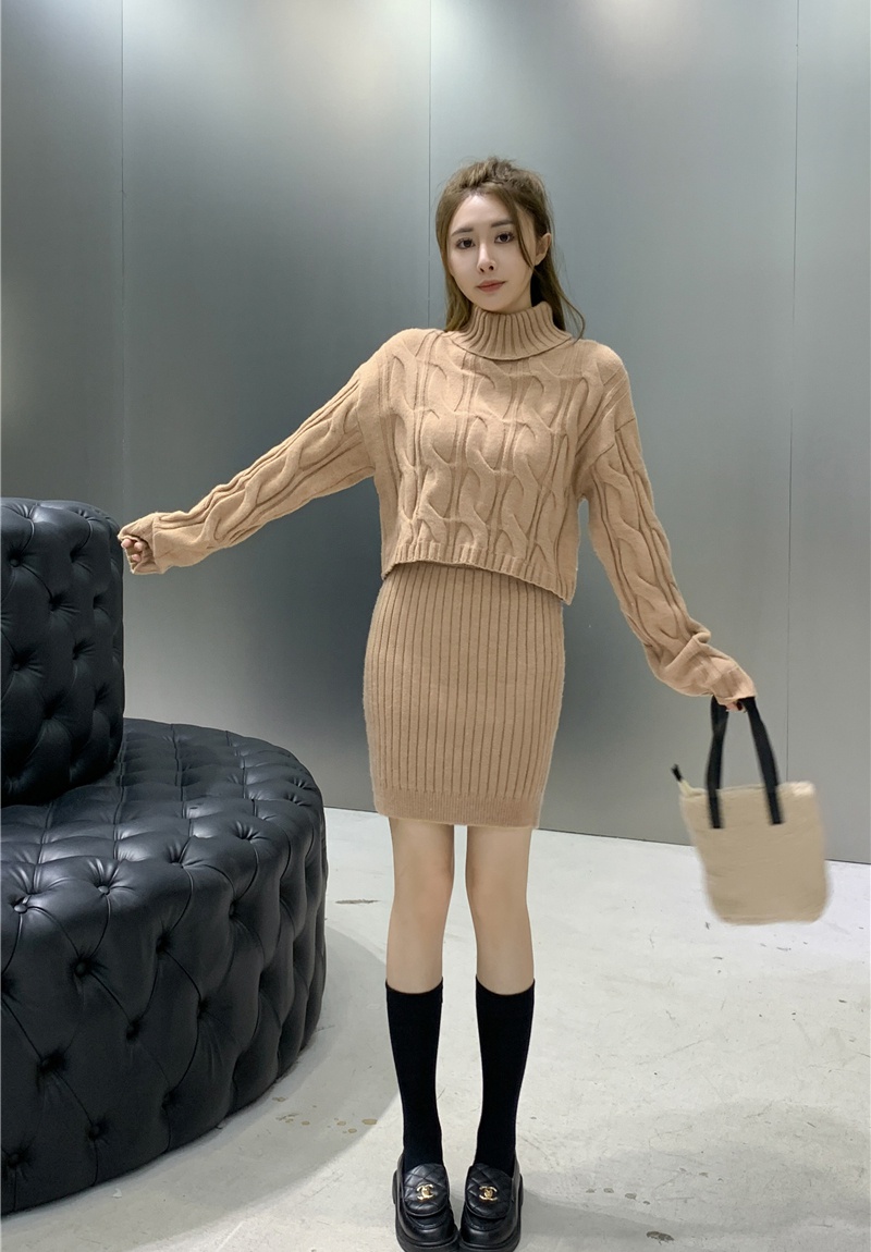 High collar sweater twist short skirt 2pcs set