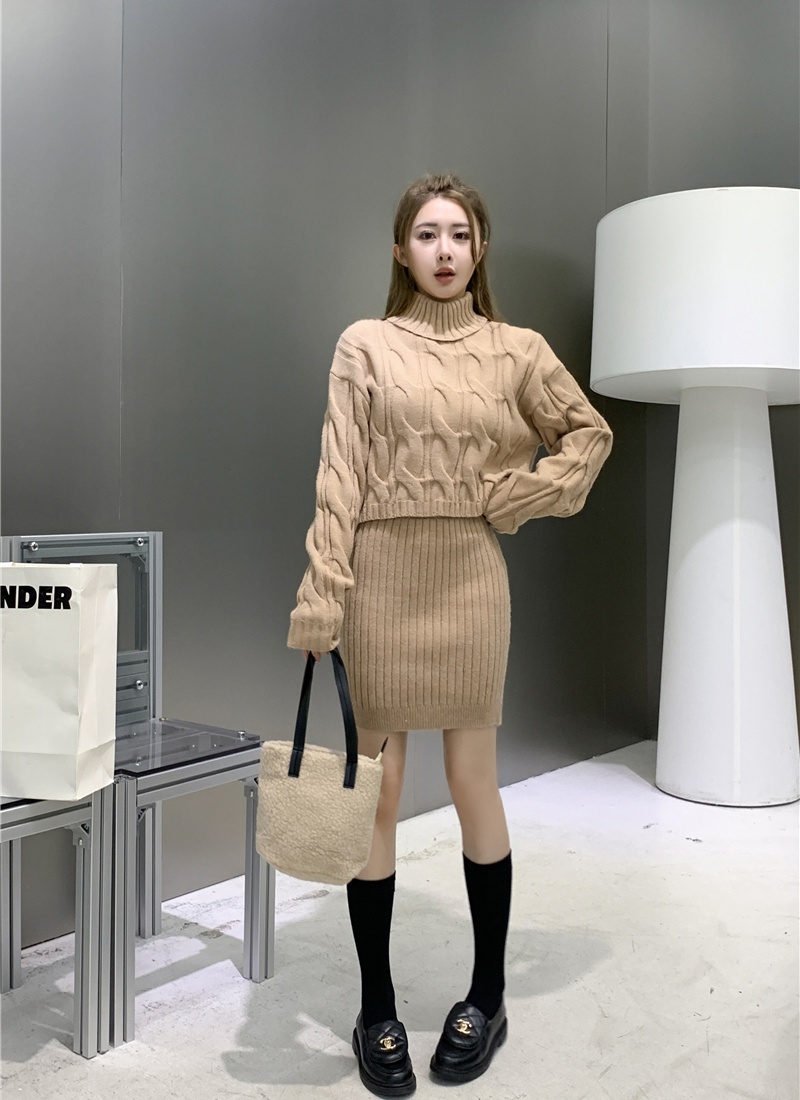 High collar sweater twist short skirt 2pcs set