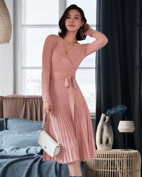 Temperament pink knitted tender slim dress for women