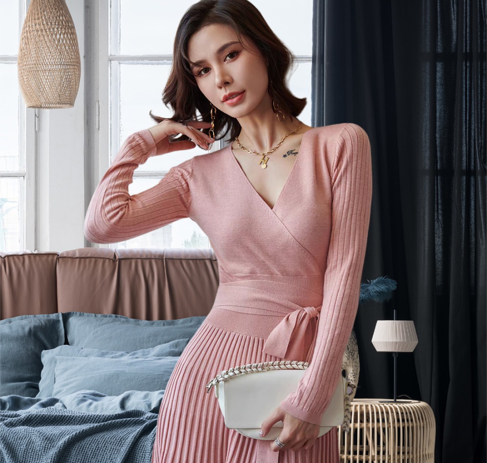 Temperament pink knitted tender slim dress for women