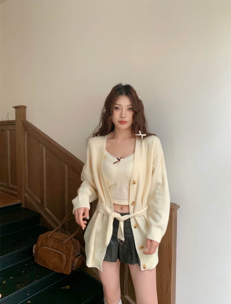 Knitted Casual slim cardigan Korean style with belt coat