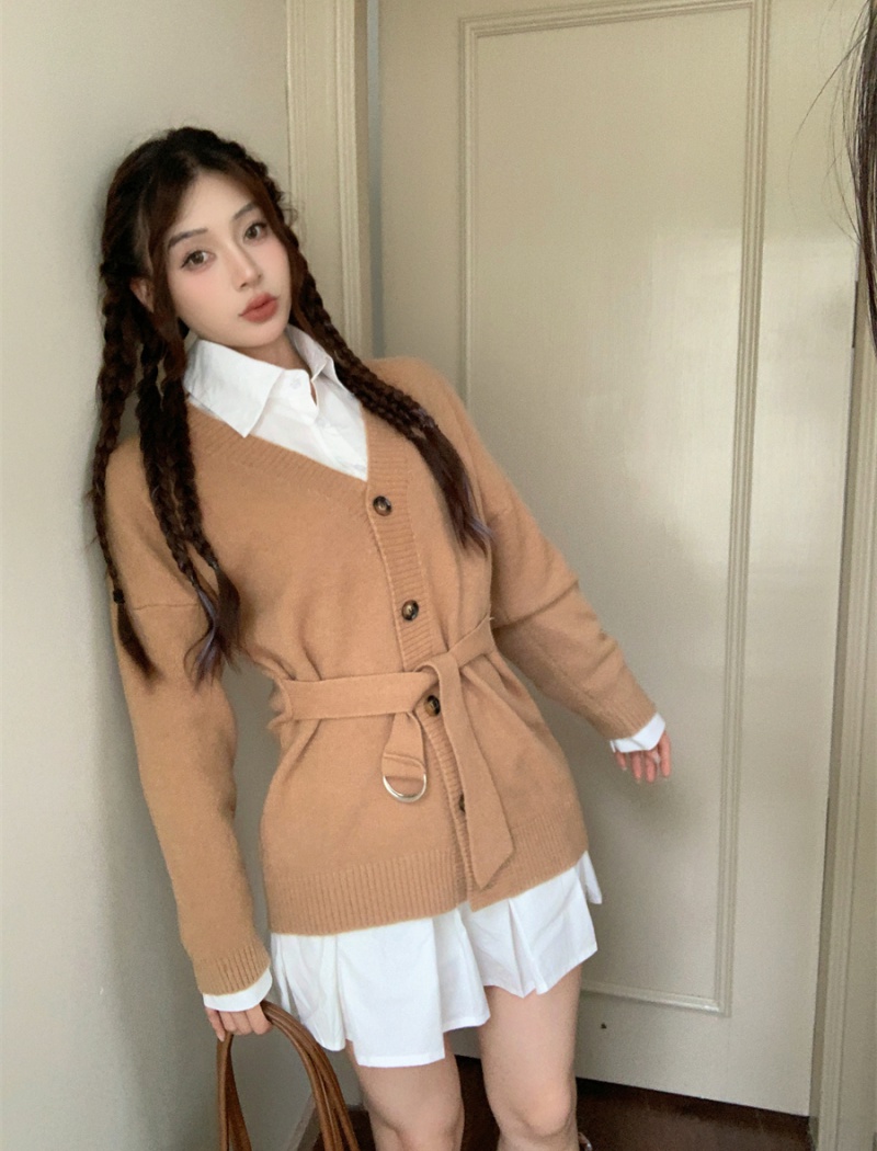 Knitted Casual slim cardigan Korean style with belt coat