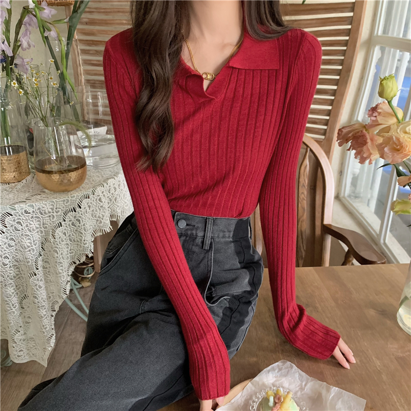 Slim lapel sweater pullover long sleeve bottoming shirt