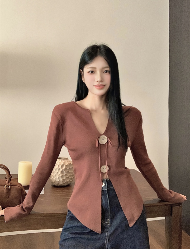 Frenum fold retro small shirt autumn pinched waist sweater