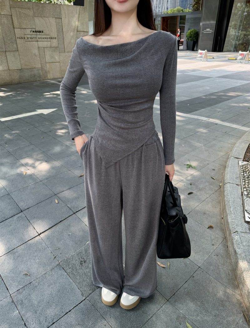 Slim long sleeve long pants flat shoulder wide leg pants a set