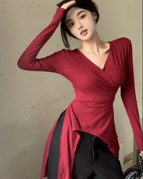 All-match pure bandage V-neck pinched waist autumn T-shirt