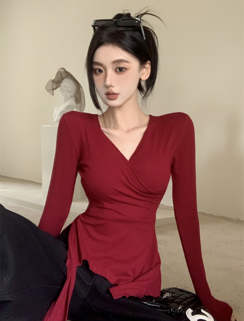 All-match pure bandage V-neck pinched waist autumn T-shirt