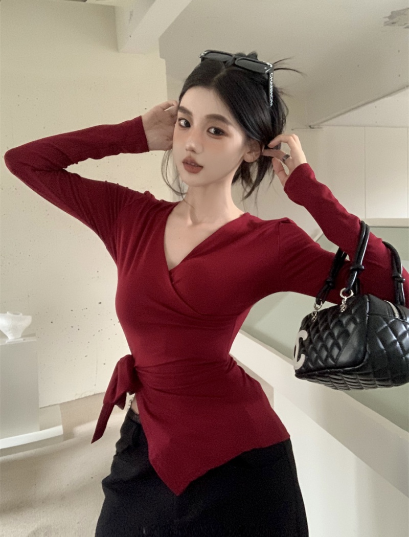 All-match pure bandage V-neck pinched waist autumn T-shirt