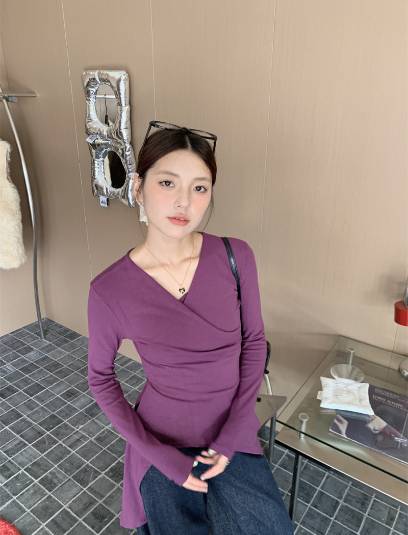 All-match pure bandage V-neck pinched waist autumn T-shirt