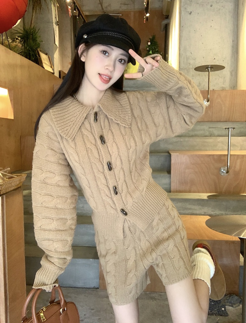 Korean style thick twist knitted sweater 2pcs set