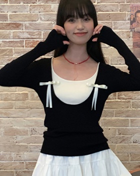 Korean style bow T-shirt niche black tops for women