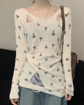 Strapless bow holes tops printing long sleeve sweater