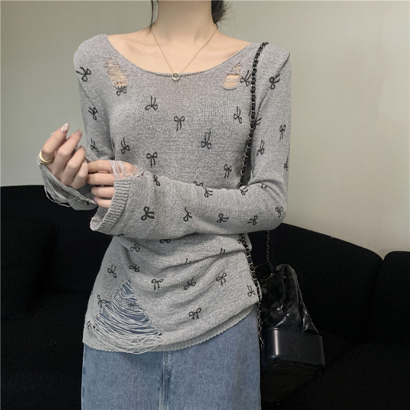 Strapless bow holes tops printing long sleeve sweater