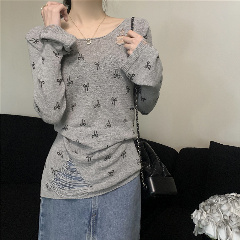 Strapless bow holes tops printing long sleeve sweater