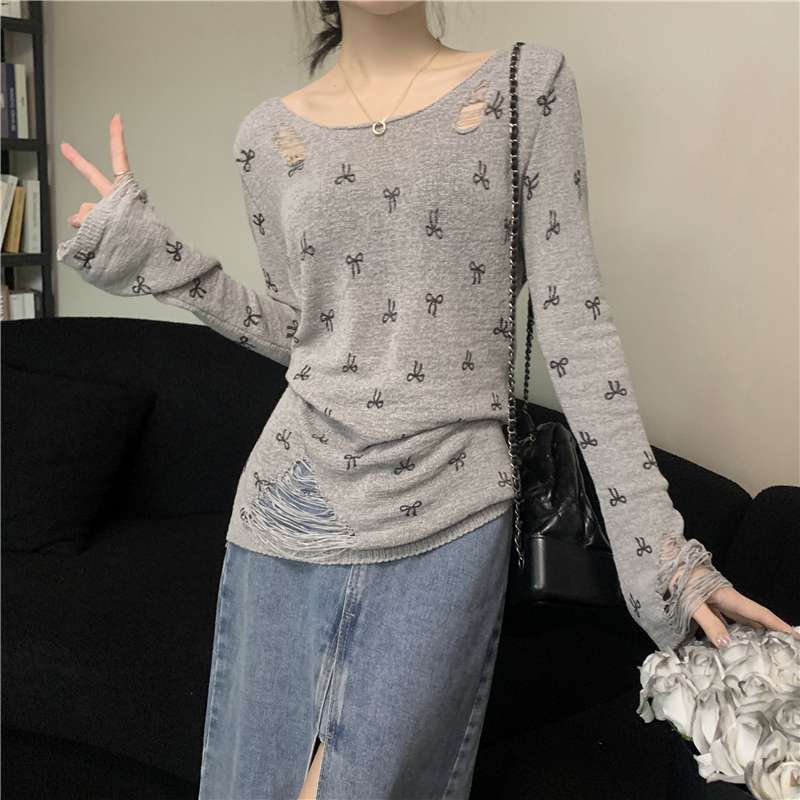 Strapless bow holes tops printing long sleeve sweater