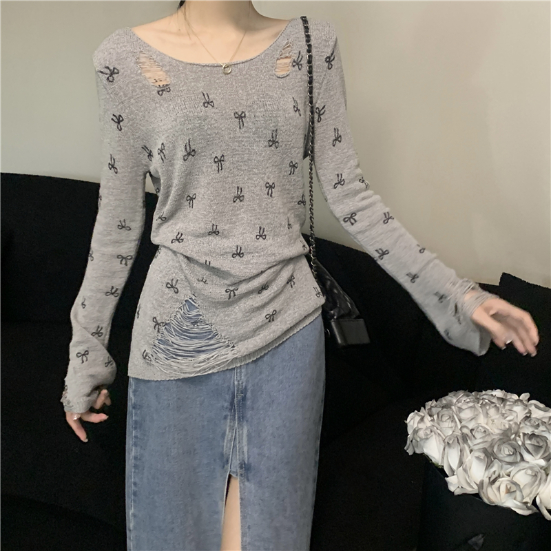 Strapless bow holes tops printing long sleeve sweater