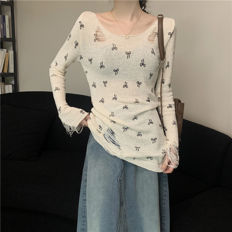 Strapless bow holes tops printing long sleeve sweater