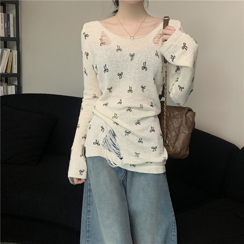 Strapless bow holes tops printing long sleeve sweater