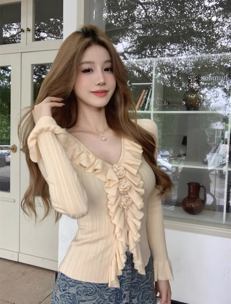 France style V-neck sweater wood ear trumpet sleeves tops