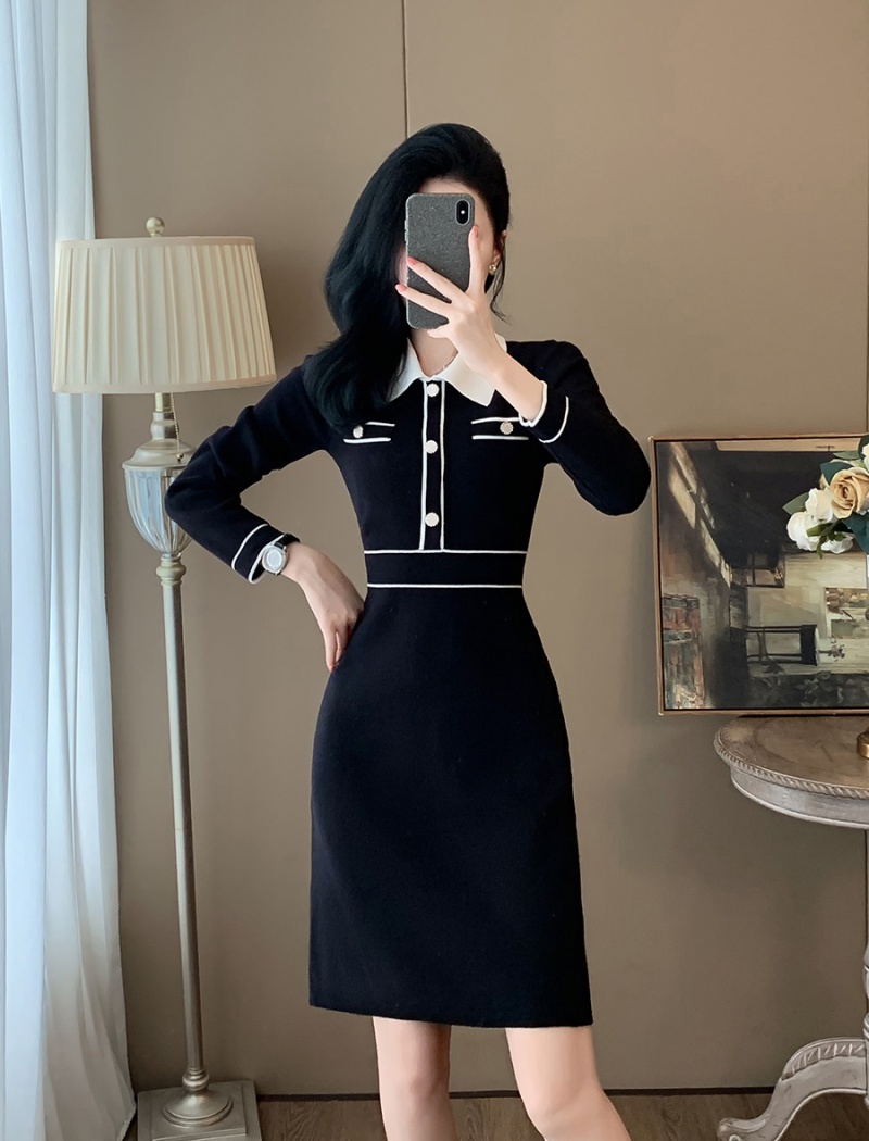 A-line temperament black fashion knitted Western style dress