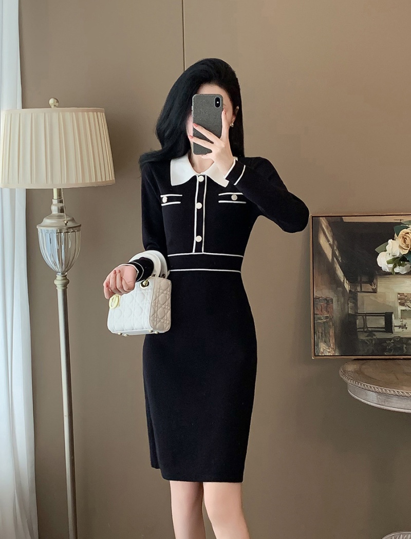 A-line temperament black fashion knitted Western style dress