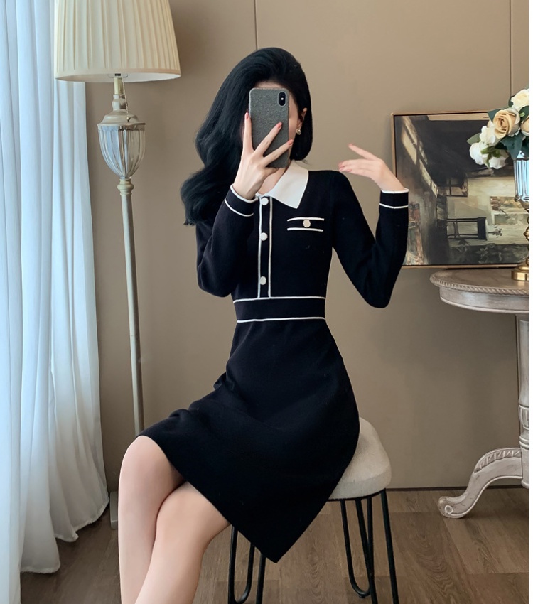 A-line temperament black fashion knitted Western style dress