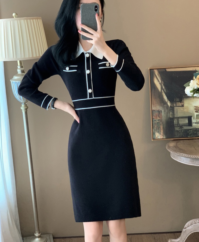 A-line temperament black fashion knitted Western style dress