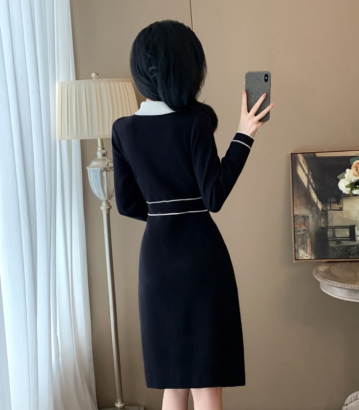 A-line temperament black fashion knitted Western style dress