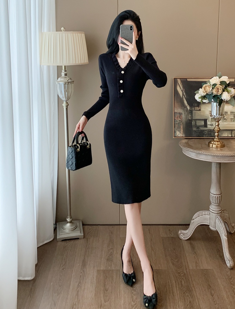 Black elegant temperament France style dress for women