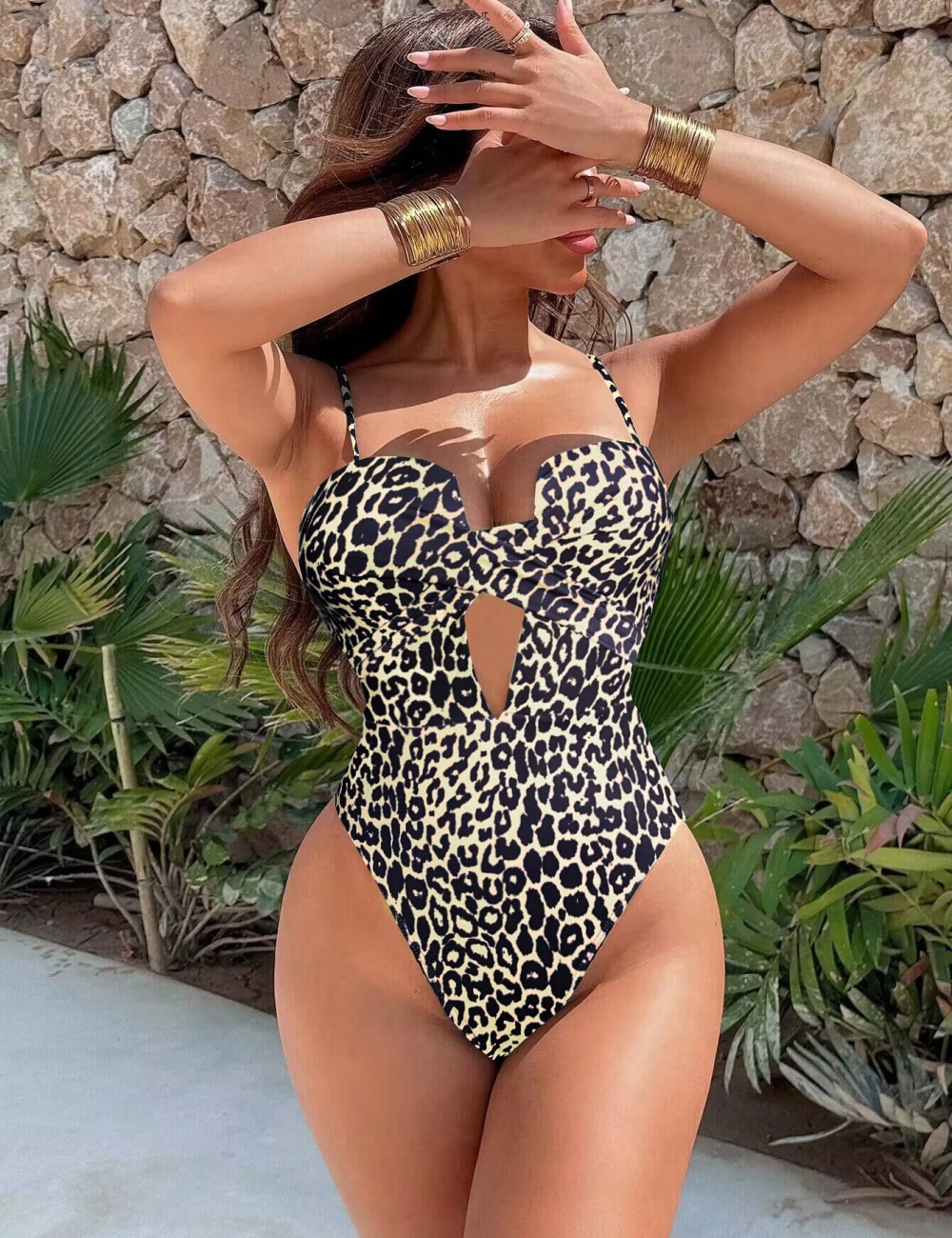 Hollow shoulder strap bikini leopard conjoined swimwear