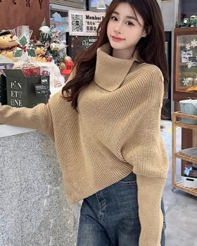 Spring high collar shoulder tops loose buckle sweater