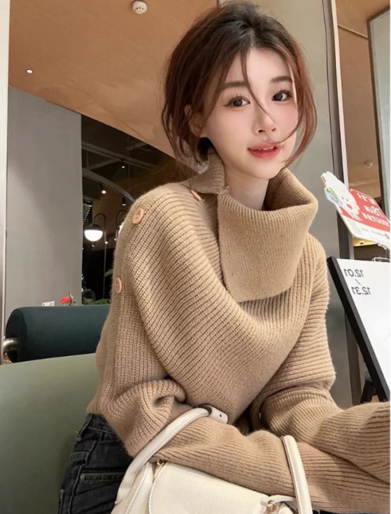 Spring high collar shoulder tops loose buckle sweater