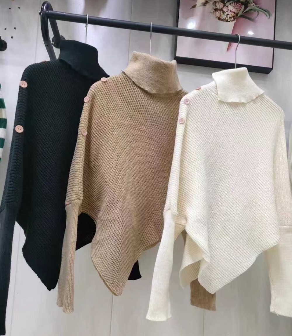 Spring high collar shoulder tops loose buckle sweater