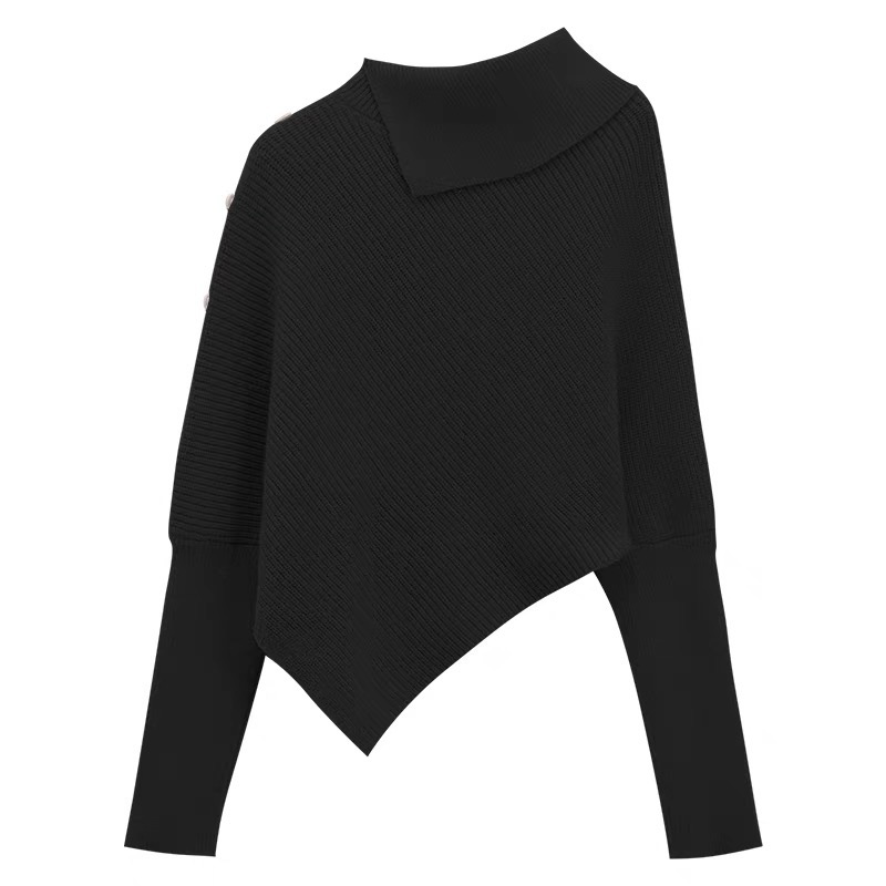 Spring high collar shoulder tops loose buckle sweater