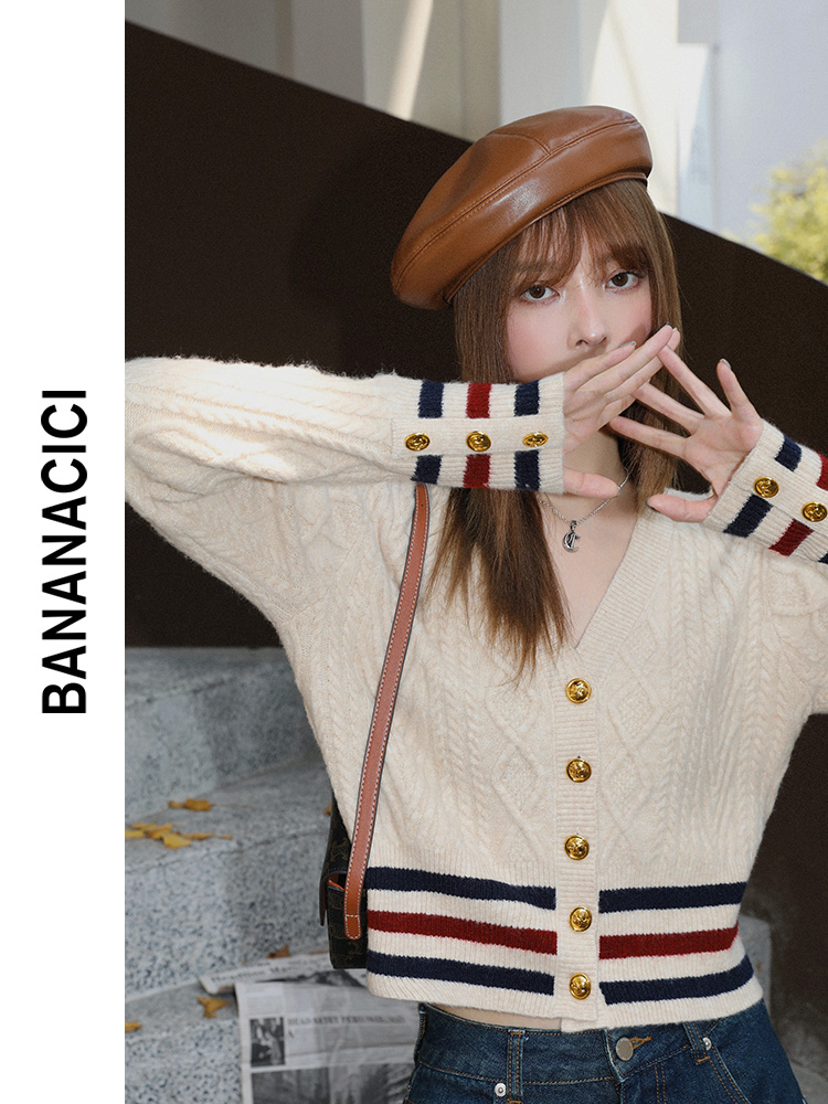 Stripe knitted tops autumn and winter slim cardigan for women