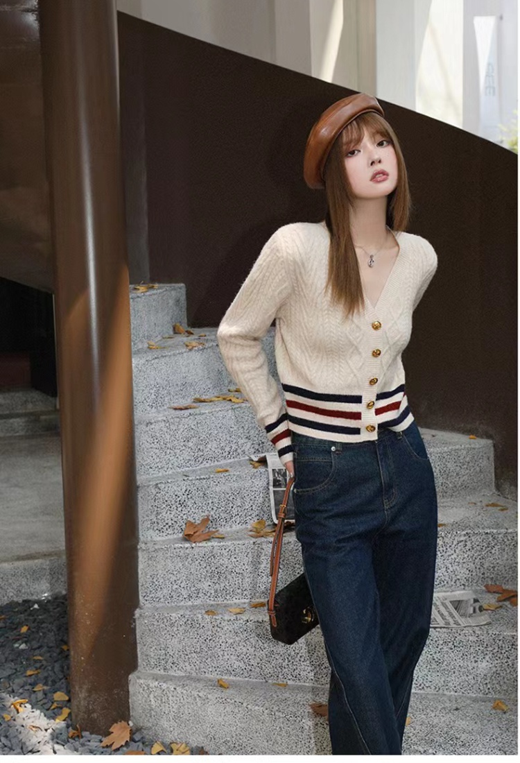 Stripe knitted tops autumn and winter slim cardigan for women