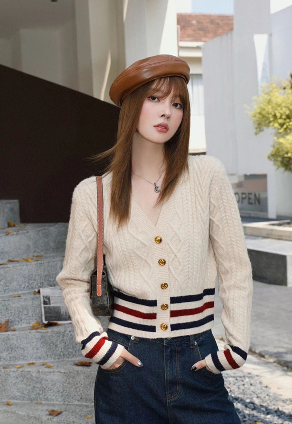 Stripe knitted tops autumn and winter slim cardigan for women