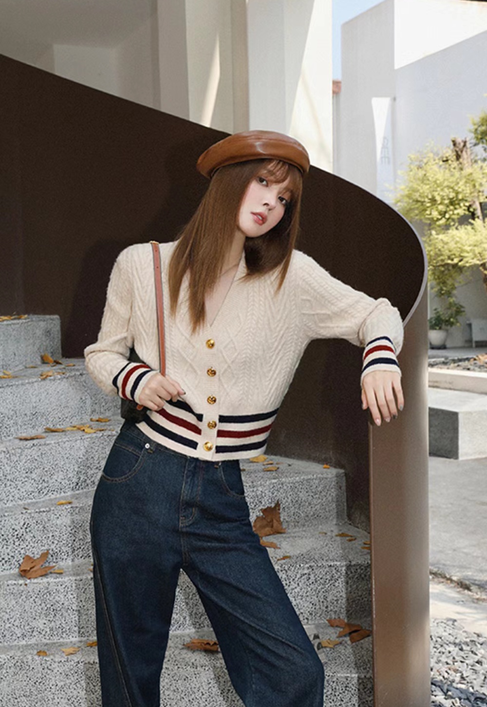 Stripe knitted tops autumn and winter slim cardigan for women