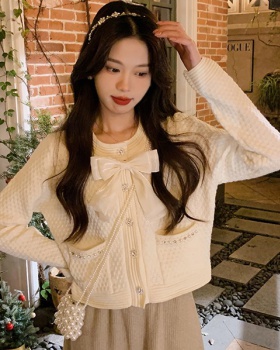 Knitted bow spring beading sweater maiden red autumn tops