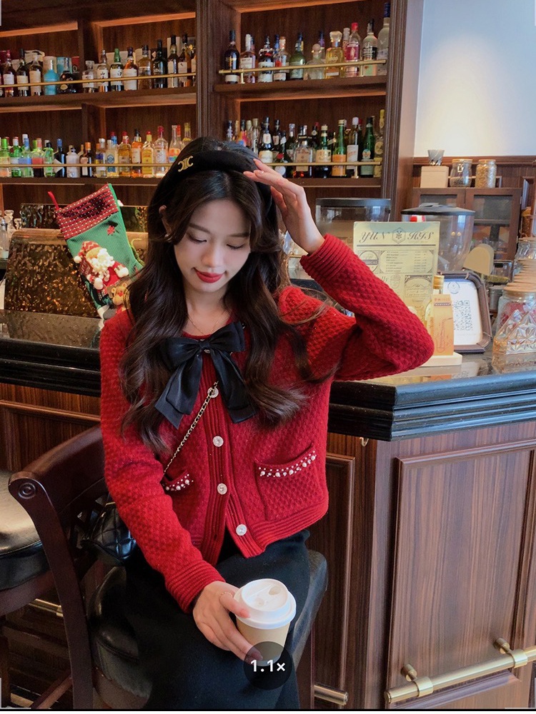 Knitted bow spring beading sweater maiden red autumn tops