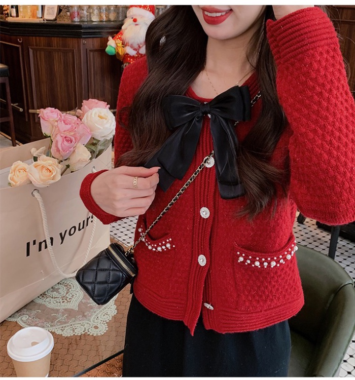 Knitted bow spring beading sweater maiden red autumn tops